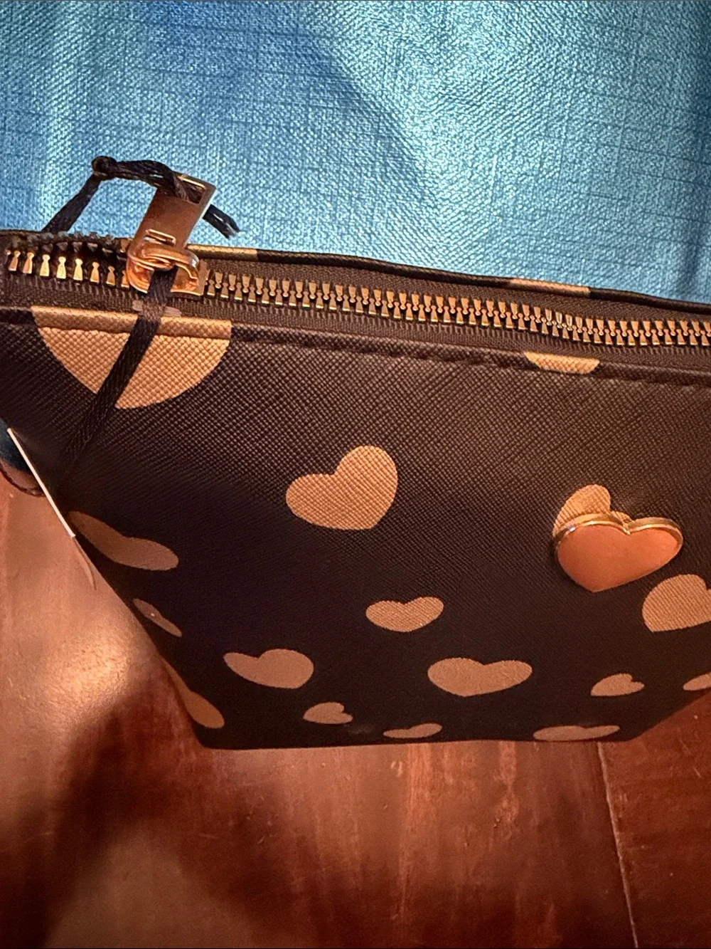 Black Cosmetic Bag with Gold Heart Pattern